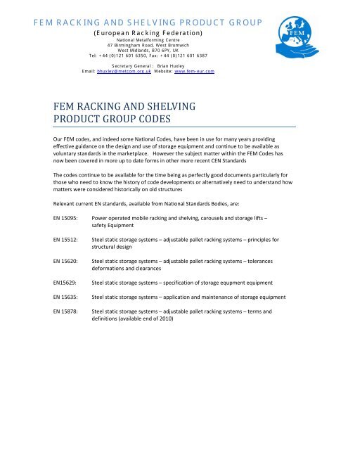 FEM RACKING AND SHELVING PRODUCT GROUP CODES
