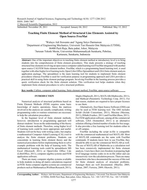 Lisa Fea Examples Teaching Finite Element Method of Structural Line Elements ... - LISA