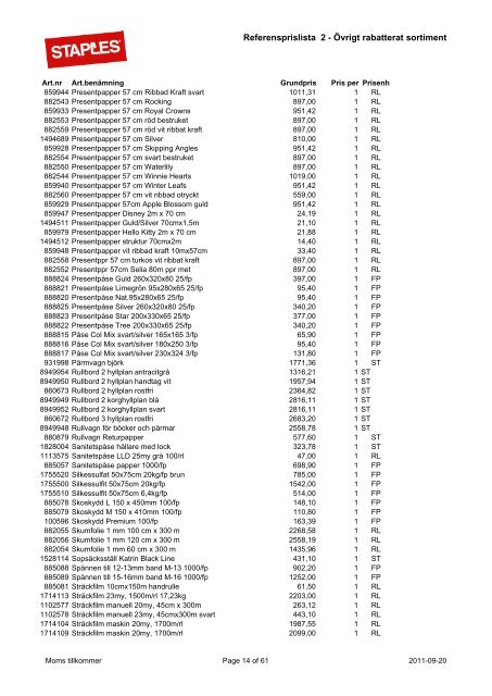 Referensprislista 2 Övrigt rabatterat sortiment Staples.pdf - Avropa.se