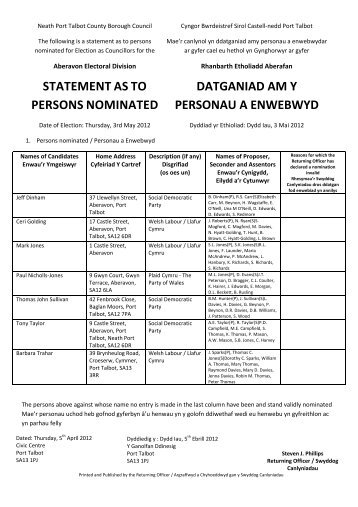 datganiad am y personau a enwebwyd - Neath Port Talbot County ...