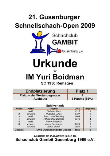 Urkunde - Schachclub Gambit Gusenburg