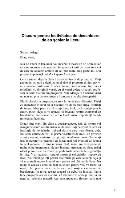discurs pentru festivitatea de deschidere de an şcolar la liceu - Raabe