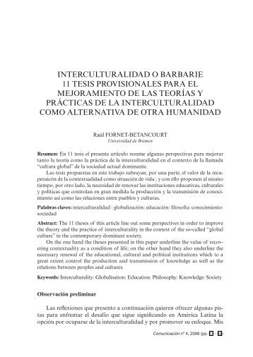 Interculturalidad o barbarie 11 tesis provisionales para el - Revista ...