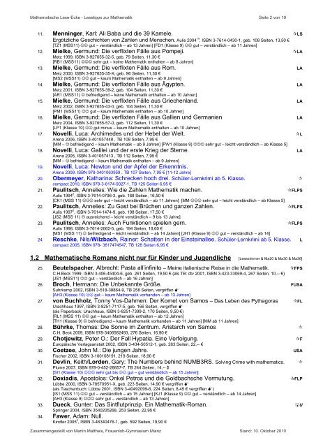 Mathematisches Lesezimmer - Lesetipps zur Mathematik