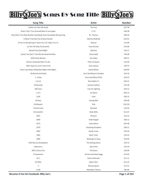 Search For Songs By Song Title - Billy Joe's Lounge