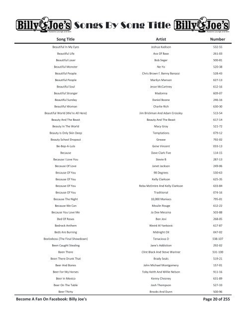 Search For Songs By Song Title - Billy Joe's Lounge