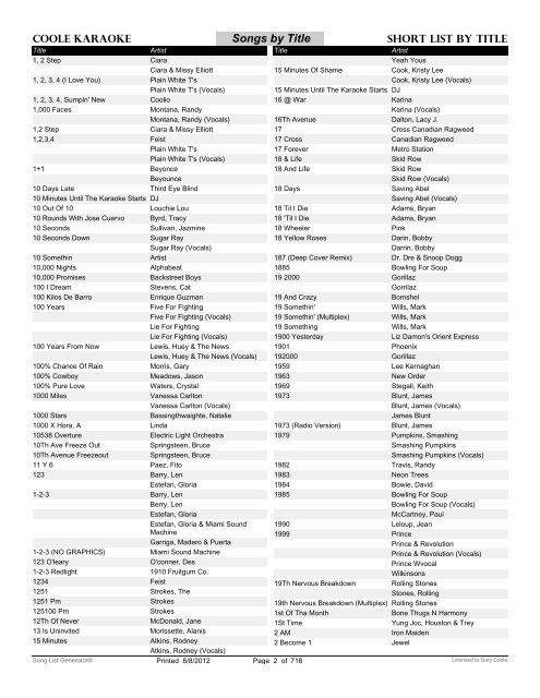 song title short list - coole karaoke