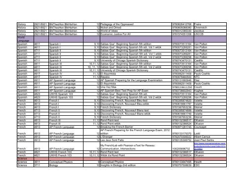 2011-12 High School Textbook List - Eastside Catholic School