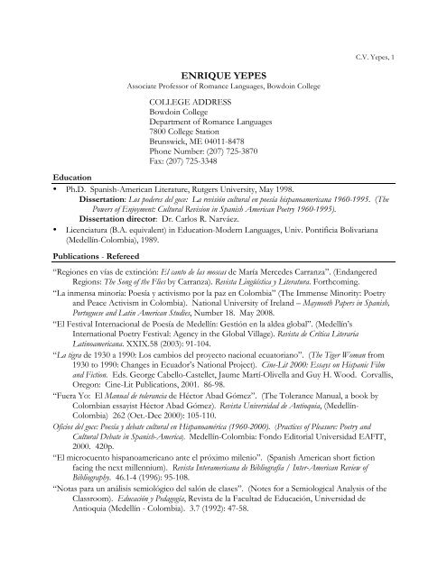 Curriculum Vitae, Enrique Yepes - Bowdoin College