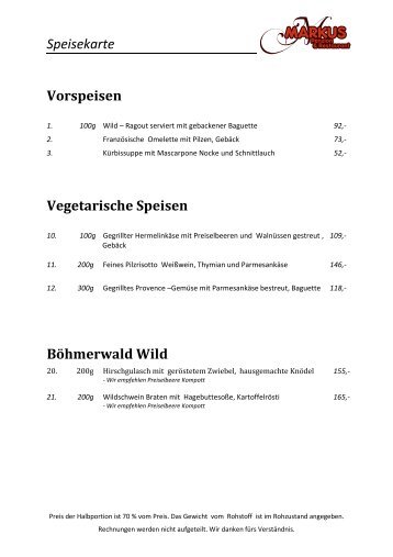 Speisekarte Vorspeisen Vegetarische Speisen ... - Lipno-Markus.