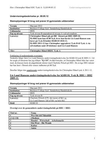 Lis Lund Hansens undervisningsbeskrivelse for h2tB110, Tysk B ...