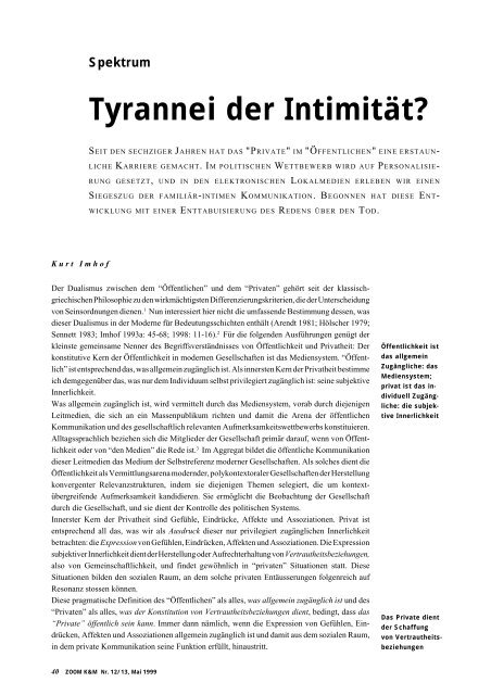 Tyrannei der Intimität? - Medienheft