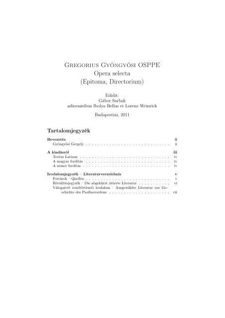 Gyöngyösi Gergely OSPPE: Epitoma és Directorium