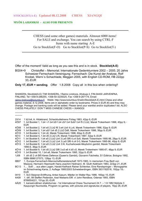 STOCKLIST(A-E) Updated 08.12.2008 CHESS XIANGQI ... - Arena