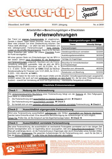 Steuern Spezial: Checkliste "Ferienwohnungen"