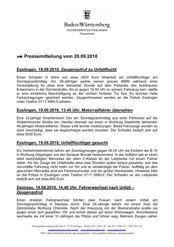 Pressemitteilung vom 20.09.2010 - Polizeidirektion Esslingen