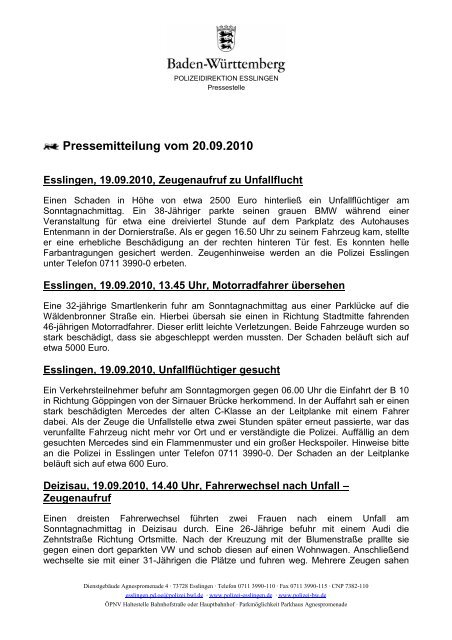 Pressemitteilung vom 20.09.2010 - Polizeidirektion Esslingen