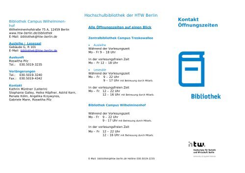 Kontakt Öffnungszeiten - Bibliothek - HTW Berlin