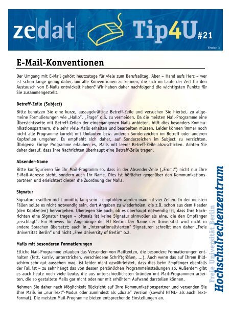 E-Mail-Konventionen - Zedat - Freie Universität Berlin