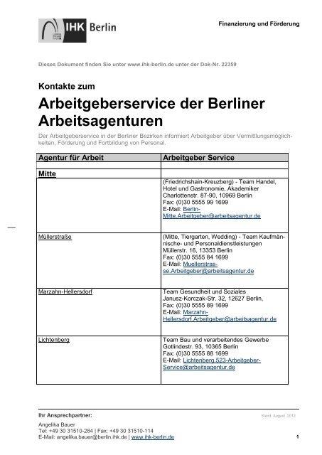 Kontakte zum Arbeitgeberservice der Berliner ... - IHK Berlin