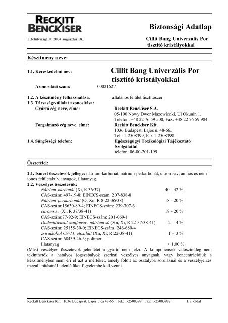 Biztonsági Adatlap Cillit Bang Univerzális Por tisztító kristályokkal