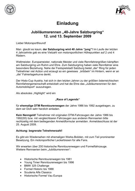 Einladung Jubiläumsrennen „40-Jahre Salzburgring“