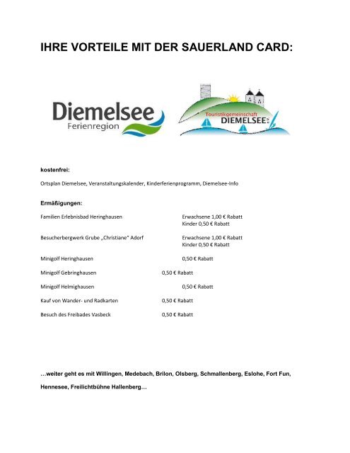 IHRE VORTEILE MIT DER SAUERLAND CARD: - Diemelsee