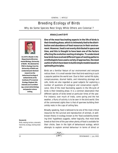 Breeding Ecology of Birds - Indian Academy of Sciences