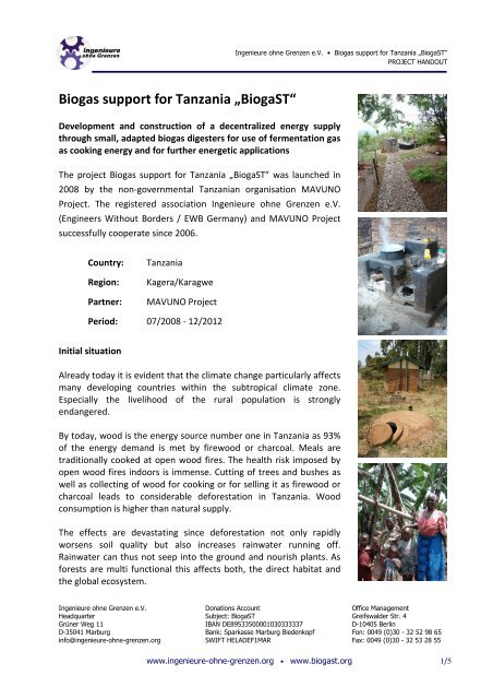 Biogas support for Tanzania „BiogaST“ - Ingenieure ohne Grenzen