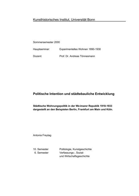 Städtische Wohnungspolitik in der Weimarer Republik 1918-1933