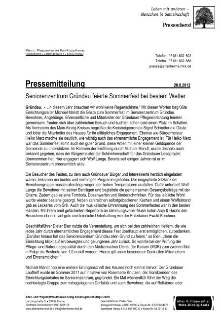 Pressemitteilung - Alten- und Pflegezentren des Main-Kinzig-Kreises