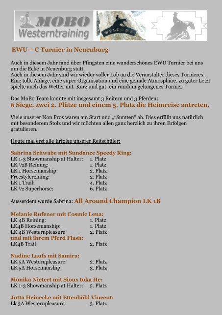 EWU – C Turnier in Neuenburg - MoBo-Westerntraining