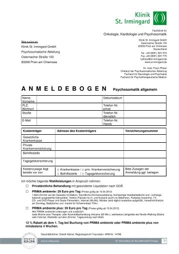 ANMELDEBOGEN Psychosomatik allgemein - Klinik St. Irmingard