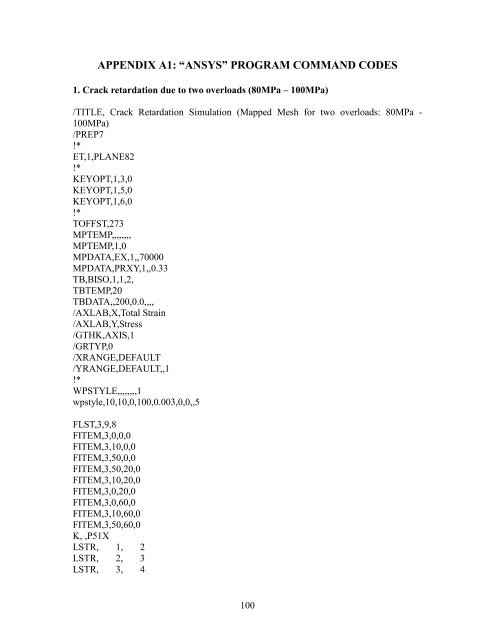 APPENDIX A1: “ANSYS” PROGRAM COMMAND CODES