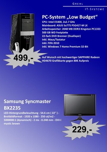 PC-System „Low Budget“ Samsung Syncmaster BX2235