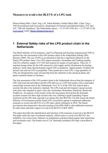 Measures to avoid a hot BLEVE of a LPG tank 1 External ... - Swissi