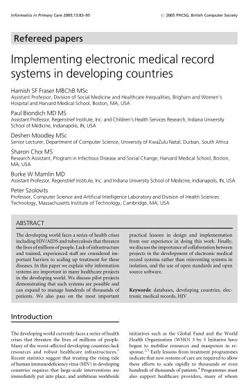 Implementing electronic medical record systems in developing ...