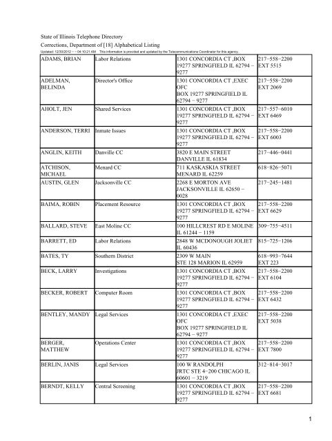 State Of Illinois Telephone Directory Corrections Department Of 18