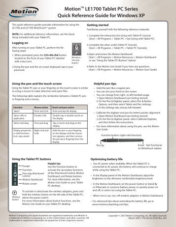 MotionTM LE1700 Tablet PC Series Quick Reference Guide for ...