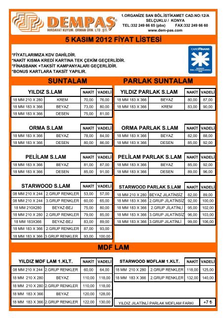 5 KASIM 2012 FİYAT LİSTESİ SUNTALAM PARLAK ... - pbx