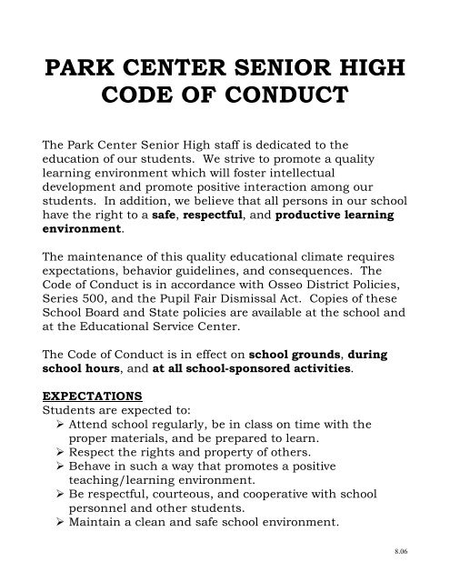 park center senior high code of conduct - Osseo Area Schools