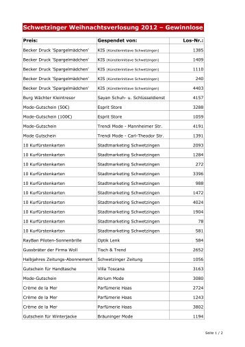 Liste der Gewinnlose als PDF - Schwetzingen