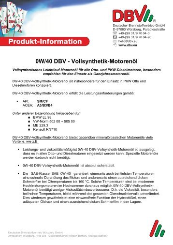 0W/40 DBV - Vollsynthetik-Motorenöl