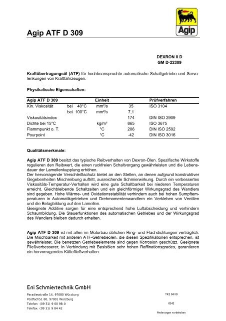 Agip ATF D 309 Eni Schmiertechnik GmbH - Korb Schmierstoffe