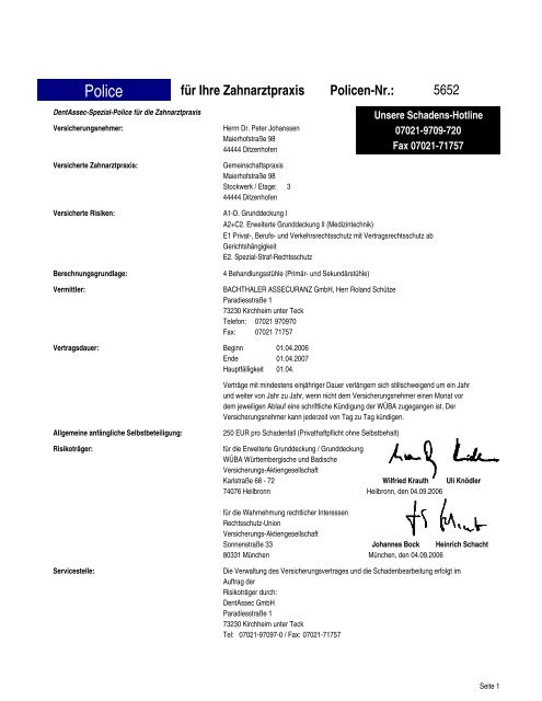 für Ihre Zahnarztpraxis Policen-Nr. - Zahnarzt-Police