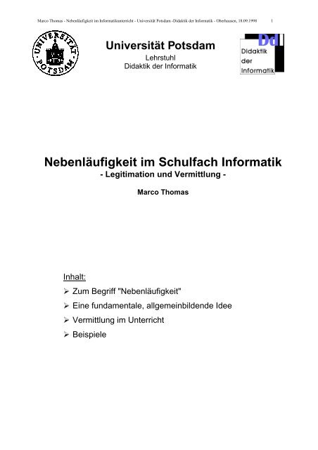 Nebenlaufigkeit Im Schulfach Informatik