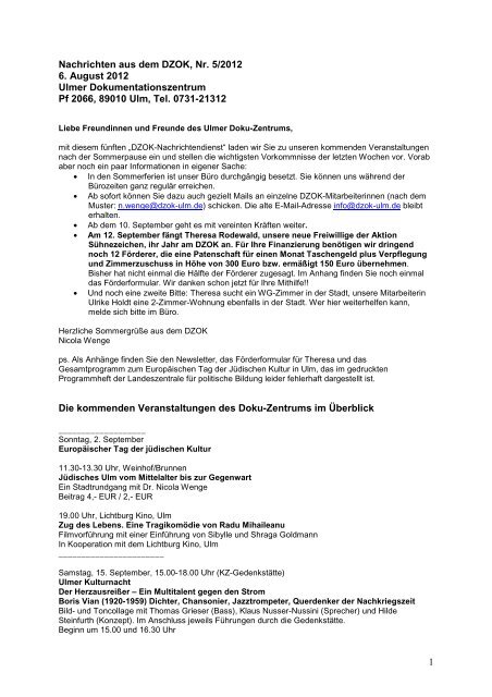 1 Nachrichten Aus Dem Dzok Nr 5 2012 6 August 2012 Ulmer