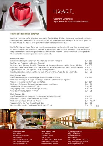 Geschenk-Gutscheine Hyatt Hotels in Deutschland & Schweiz ...