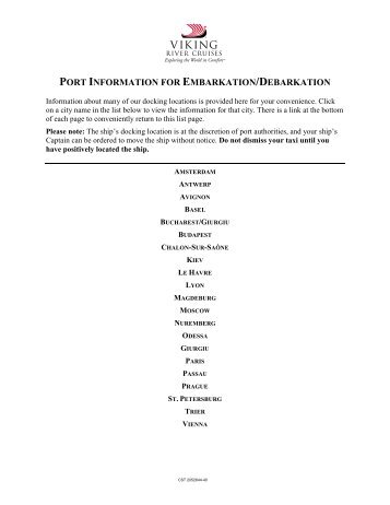 port information for embarkation/debarkation - Viking River Cruises