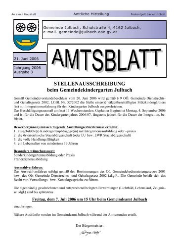 STELLENAUSSCHREIBUNG beim Gemeindekindergarten Julbach